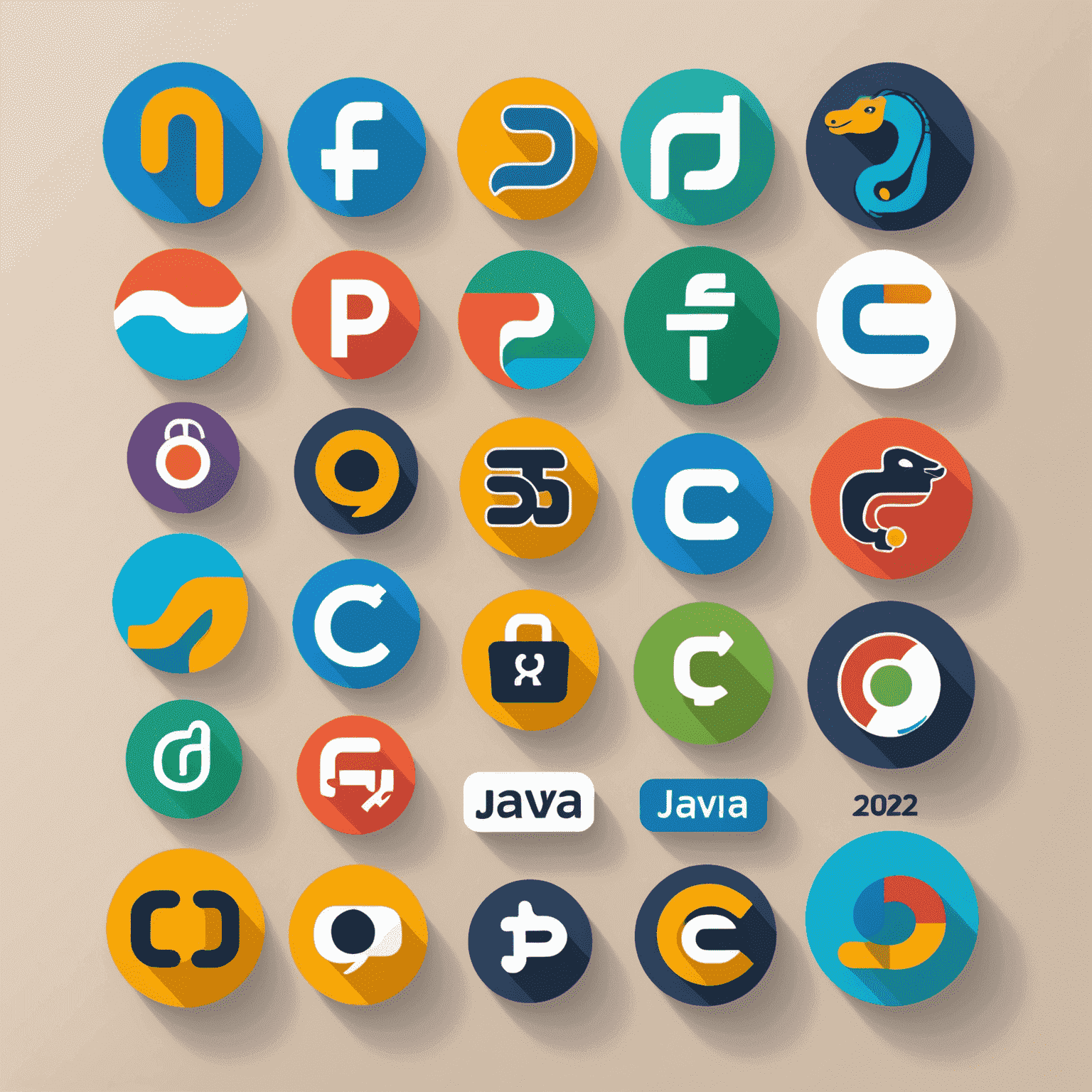Kolaż przedstawiający ikony i loga pięciu najpopularniejszych języków programowania w 2024 roku: Python, JavaScript, Java, C++, i Kotlin